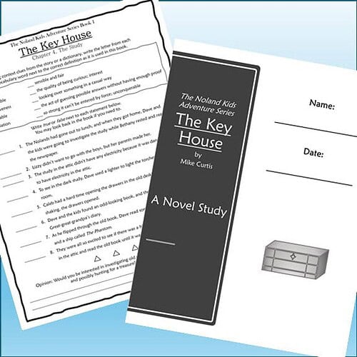 Homeschool resource featuring a novel study of 'The Key House' by Mike Curtis, including a book cover and activity sheet for engaging learning.
