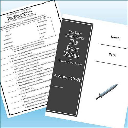 Image of 'The Door Within' trilogy book cover and a study worksheet, highlighting homeschooling resources.