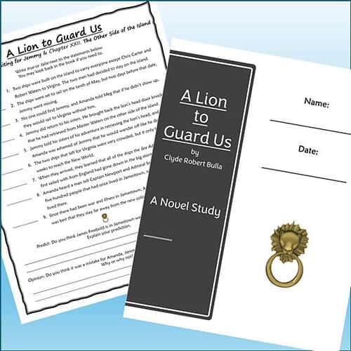 Homeschool resource worksheet titled 'A Lion to Guard Us' by Clyde Robert Bulla, featuring a black cover with white text and a gold ring illustration.