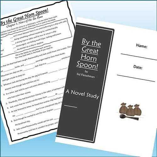 Image of a homeschool reading activity with a black cover book titled 'By the Great Horn Spoon!' by Sid Fleischman, and a worksheet with questions about the story.