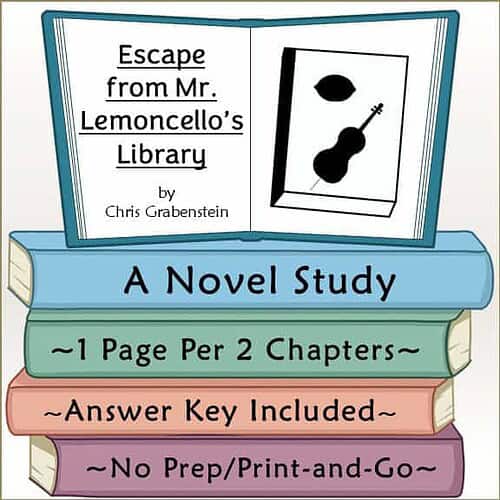 Book cover for 'Escape from Mr. Lemoncello's Library' by Chris Grabenstein, featuring a book with a musical instrument and a lemon.