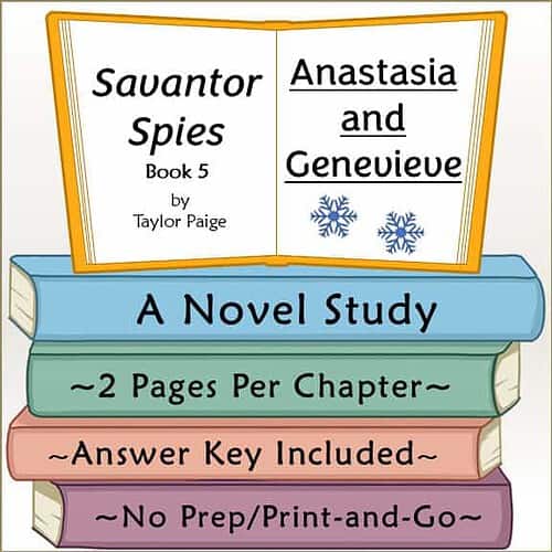 Educational book cover for 'Savantor Spies' by Taylor Paige, featuring a colorful stack of books and a title page with snowflake illustrations.