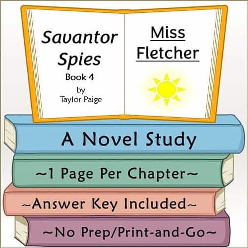 Open book with study details for homeschool literature, featuring a colorful stack of books and a bright sun icon.