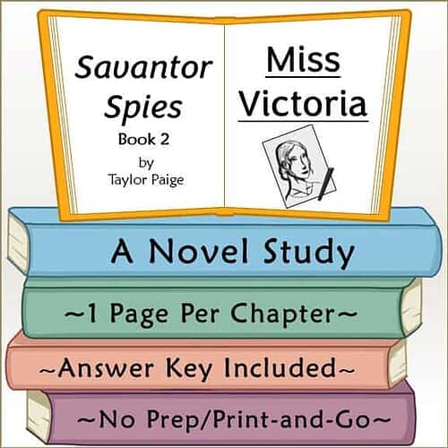 Educational book cover for 'Sauvator Spies Book 2' by Taylor Paige, featuring a sketch of Miss Victoria and study details for homeschooling.