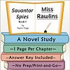Open book with title 'Sauvator Spies' by Miss Rawlins, featuring a novel study guide for homeschooling, with colorful stacked books and a quill pen.