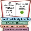 Cover image of The Geraldine Woolkins Series, featuring a colorful stack of books with a book open displaying the title and a small tree illustration.
