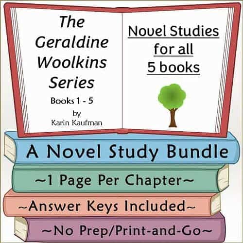 Cover image of The Geraldine Woolkins Series, featuring a colorful stack of books with a book open displaying the title and a small tree illustration.