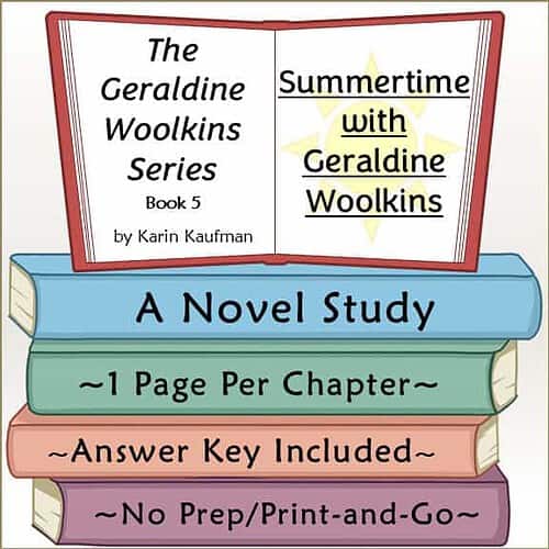 Book cover for 'Summertime with Geraldine Woolkins' from the Homeschool Resource Co. series, featuring a colorful open book with chapter details.