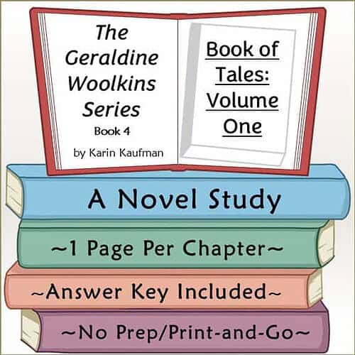 Educational book cover for homeschooling, titled 'The Geraldine Woolkins Series Book 4: Book of Tales Volume One' with colorful stacked books and study notes.