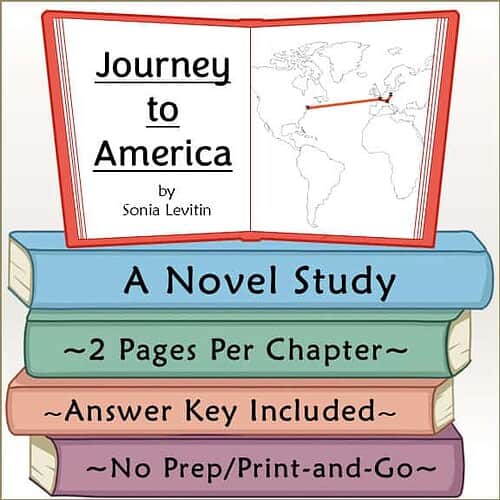 Book cover for 'Journey to America' by Sonia Levitin, featuring a world map and a red open book design, promoting a homeschool study resource.