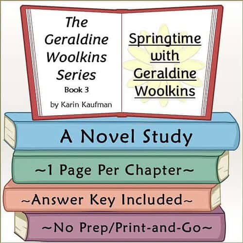 Book cover for 'Springtime with Geraldine Woolkins' from the Homeschool Resource Co., featuring a colorful open book with a flower illustration and study details.