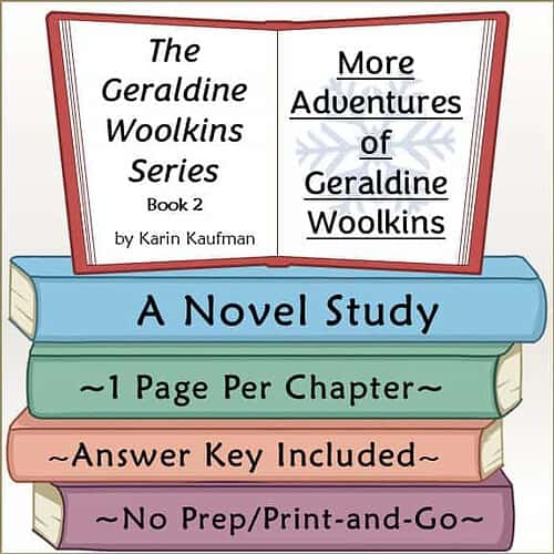 Cover of 'More Adventures of Geraldine Woolkins' by Karin Kaufman, part of the homeschooling series, featuring colorful book spines and an open book with title.