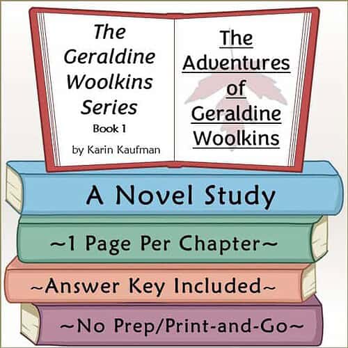 Book cover of The Geraldine Woolkins Series by Karin Kaufman featuring a colorful stack of books and an open book with the title.