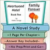 Homeschool Resource Co. Book Cover Illustration of a homeschool book titled Heartwood Hotel Book Five by Kallie George with a family theme and trees on the open pages.