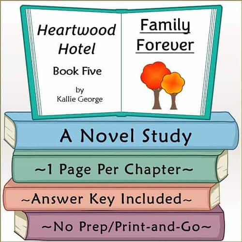 Illustration of a homeschool book titled Heartwood Hotel Book Five by Kallie George with a family theme and trees on the open pages.