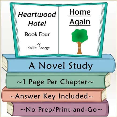 Colorful illustrated book cover for a homeschool novel study titled Heartwood Hotel Book Four by Kallie George, featuring a tree and open book design.