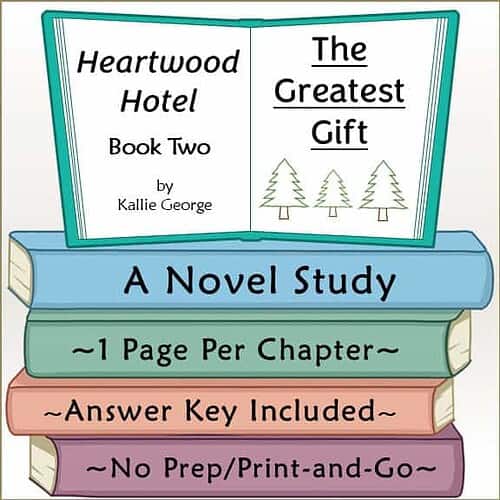 Illustration of a homeschool book cover titled 'Heartwood Hotel Book Two' by Kallie George, featuring trees and a study guide.