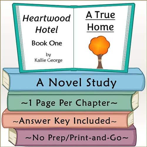 Illustration of a homeschool book titled Heartwood Hotel Book One by Kallie George, featuring a tree and open book design, for homeschooling resources.