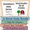 Homeschool Resource Co. Novel Study Bundle Illustration of a children's book bundle titled 'Grandma's Attic Series' with a barn and tree, promoting homeschool novel studies for all ages.