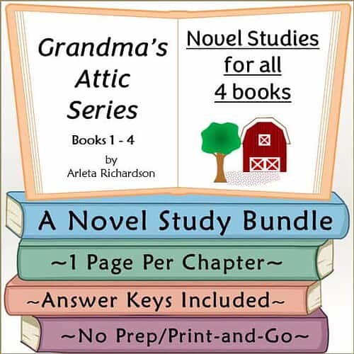 Homeschool Resource Co. Novel Study Bundle Illustration of a children's book bundle titled 'Grandma's Attic Series' with a barn and tree, promoting homeschool novel studies for all ages.
