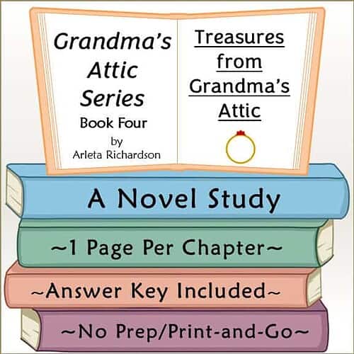 Cover of Grandma's Attic Series Book Four titled Treasures from Grandma's Attic, featuring a stack of colorful books and a sign with study details.