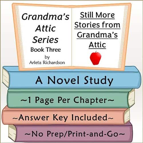 Book cover for Grandma's Attic Series, Book Three by Arleta Richardson, featuring a colorful illustration of stacked books and a sign with story details.