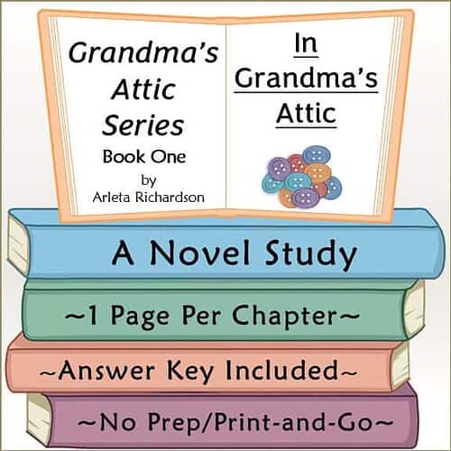 In Grandma's Attic Book Cover Book cover for 'In Grandma's Attic' from the Grandma's Attic Series by Arleta Richardson, featuring colorful buttons and a stack of books.