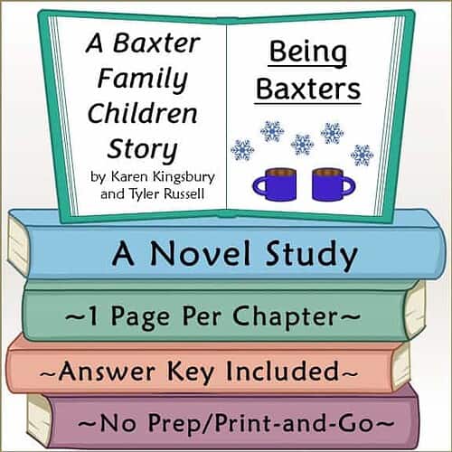 Cover of 'A Baxter Family Children Story' by Karen Kingsbury and Tyler Russell, featuring a blue book with a title banner, and a display of books with study details.