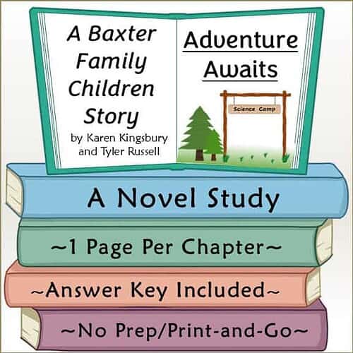 Cover of 'A Baxter Family Children Story' by Karen Kingsbury and Tyler Russell, featuring a book stack and a sign for science camp.