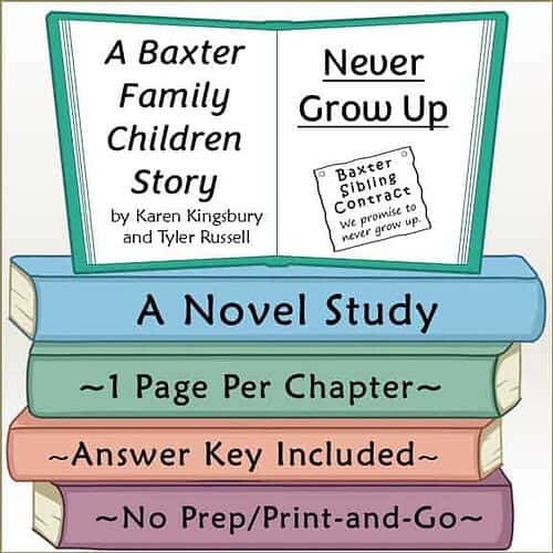 Cover of 'A Baxter Family Children Story' by Karen Kingsbury and Tyler Russell, featuring a colorful stack of books and a family contract note.