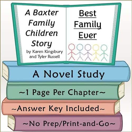 Educational book cover titled 'A Baxter Family Children Story' by Karen Kingsbury and Tyler Russell, featuring colorful stick figures and a study guide.