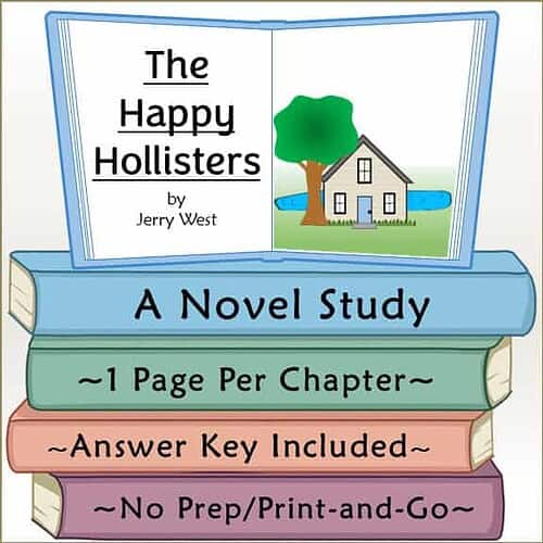Cover of 'The Happy Hollisters' by Jerry West, featuring a house, tree, and water scene, with a blue book spine.