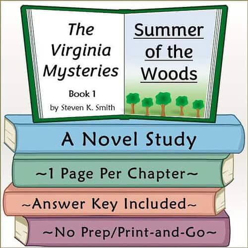 Book cover for 'The Virginia Mysteries' by Steven K. Smith, featuring a green open book with a title page and colorful stacked books.