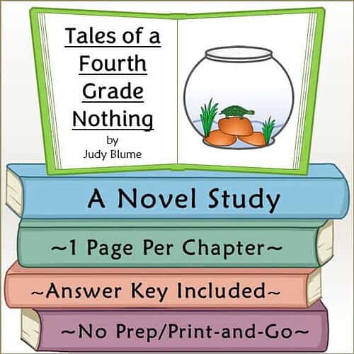Book cover of 'Tales of a Fourth Grade Nothing' by Judy Blume featuring a fishbowl with rocks and plants, and colorful chapter tabs.