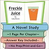 Freckle Juice Book Cover for Homeschool Cover of Freckle Juice by Judy Blume, featuring a glass of orange juice and a green book with study details for homeschooling.