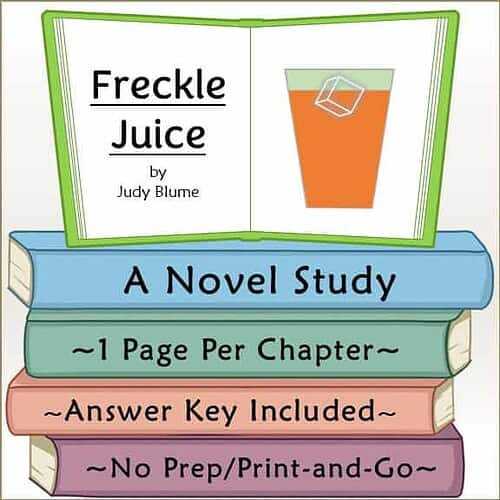 Cover of Freckle Juice by Judy Blume, featuring a glass of orange juice and a green book with study details for homeschooling.