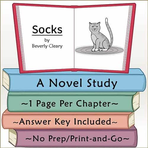 Children's educational book cover titled Socks by Beverly Cleary, featuring a gray cat illustration and colorful stacked books with study details.