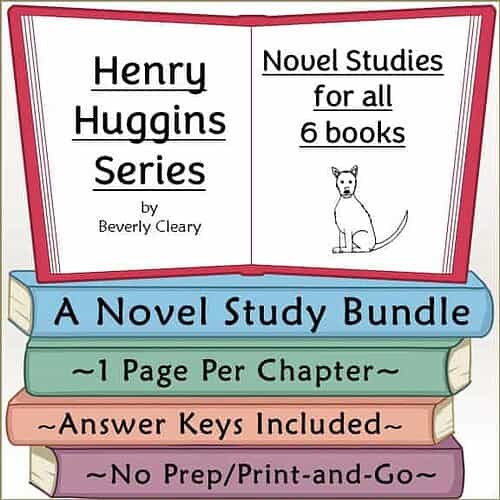 Henry Huggins Series Book Cover Cover of the Henry Huggins Series by Beverly Cleary, featuring a dog illustration and a colorful stack of books with study details.