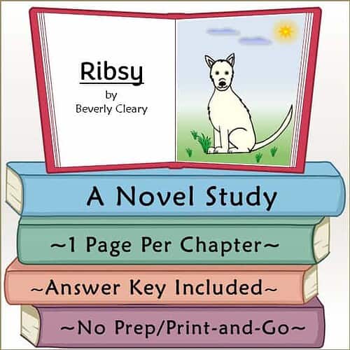 Illustration of a children's book titled 'Ribsy' by Beverly Cleary, featuring a dog sitting outdoors with a sunny sky.