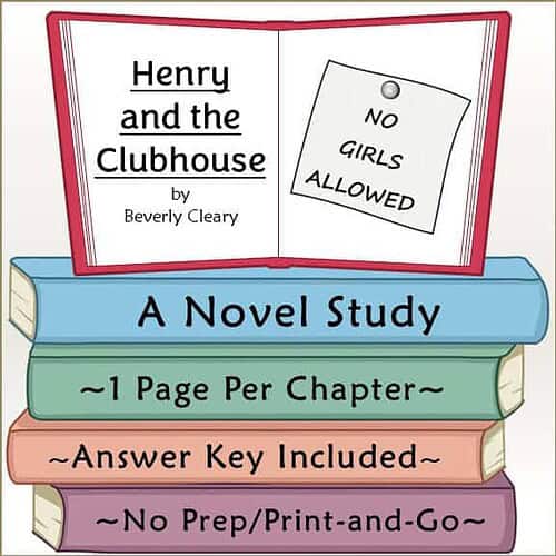 Colorful illustrated book cover for 'Henry and the Clubhouse' by Beverly Cleary, featuring a sign that says 'No Girls Allowed' and a stack of books.