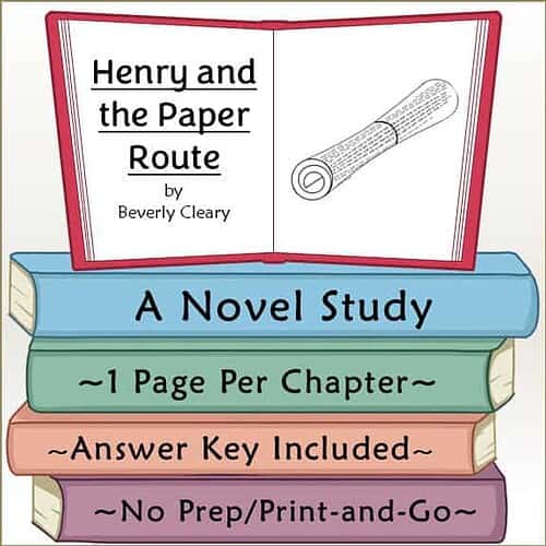 Henry and the Paper Route Book Cover Book cover for 'Henry and the Paper Route' by Beverly Cleary, featuring a red open book with a rolled newspaper illustration and colorful stacked books.