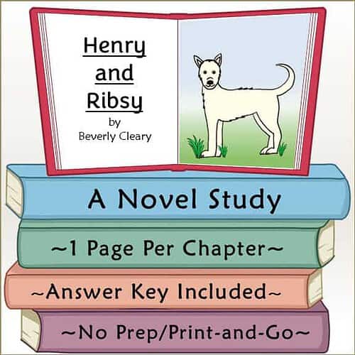 Illustration of the book 'Henry and Ribsy' by Beverly Cleary, featuring a dog on the right page and the title on the left page.