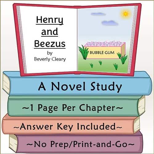 Illustration of the book 'Henry and Beezus' by Beverly Cleary, featuring a colorful open book with a bubble gum factory scene, clouds, and sun.