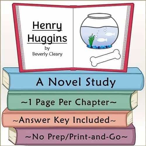 Educational book cover for 'Henry Huggins' by Beverly Cleary, featuring a fishbowl illustration and colorful chapter tabs for homeschooling resources.