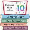 Ramona's World Book Cover for Homeschooling Colorful cover of Ramona's World by Beverly Cleary, featuring a large number 10 and a stack of books with study details for homeschooling.