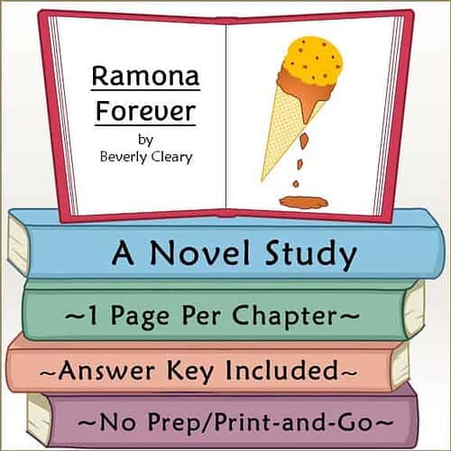 Illustration of Ramona Forever book cover with ice cream cone and study notes for homeschool learning.