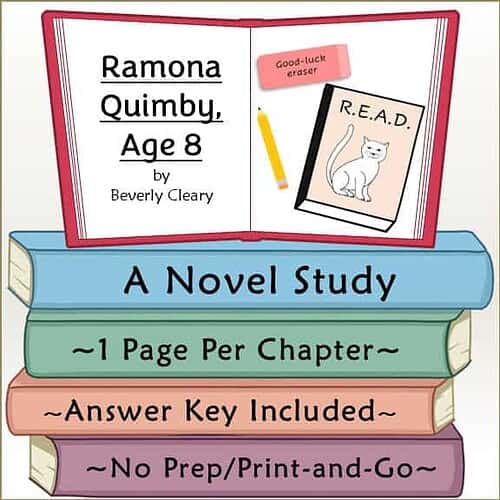 Educational homeschool reading resource featuring a book titled R.E.A.D. with a cat illustration, a pencil, and a study guide for 8-year-olds by Beverly Cleary.