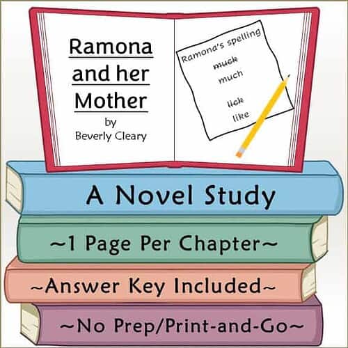 Educational book cover for Ramona and her Mother, featuring a colorful stack of books and a reading note with spelling words.