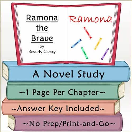 Educational book cover for 'Ramona the Brave' by Beverly Cleary, featuring colorful pens and a study guide format for homeschooling.