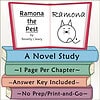 Educational book cover for 'Ramona the Pest' by Beverly Cleary, featuring a cartoon cat illustration and colorful stacked books for homeschooling.